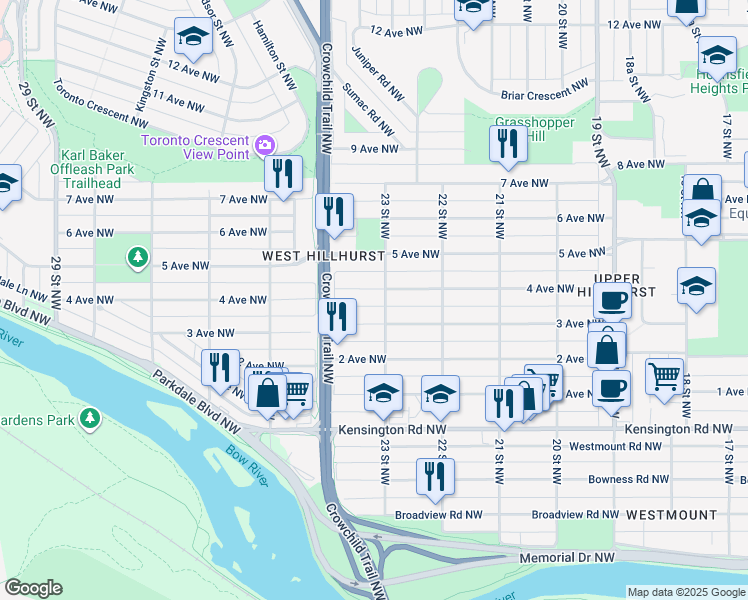 map of restaurants, bars, coffee shops, grocery stores, and more near 2402 3 Avenue Northwest in Calgary