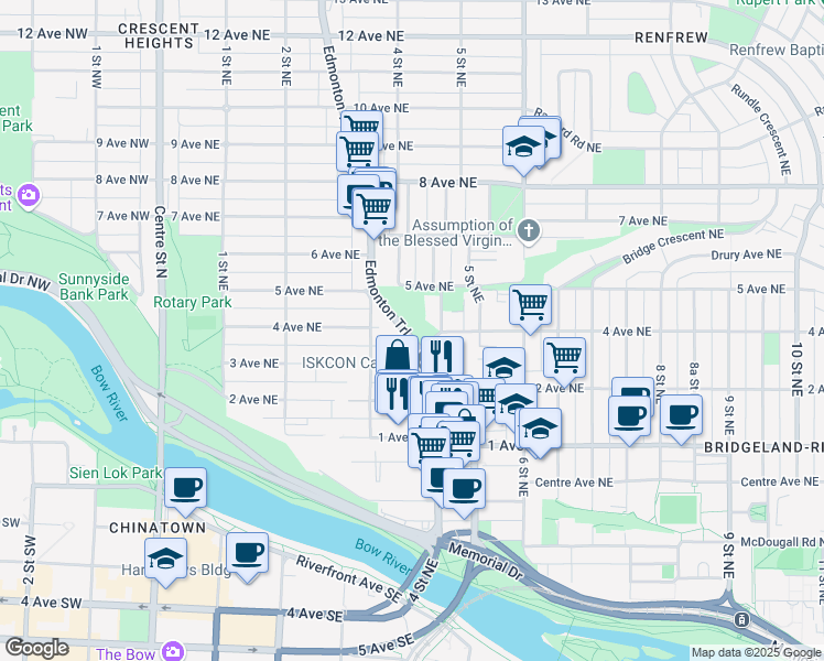 map of restaurants, bars, coffee shops, grocery stores, and more near in Calgary