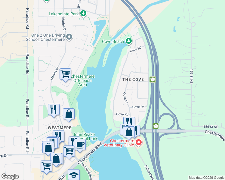 map of restaurants, bars, coffee shops, grocery stores, and more near 153 Cove Road in Chestermere