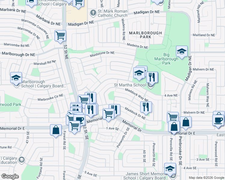 map of restaurants, bars, coffee shops, grocery stores, and more near 5563 4 Avenue Northeast in Calgary