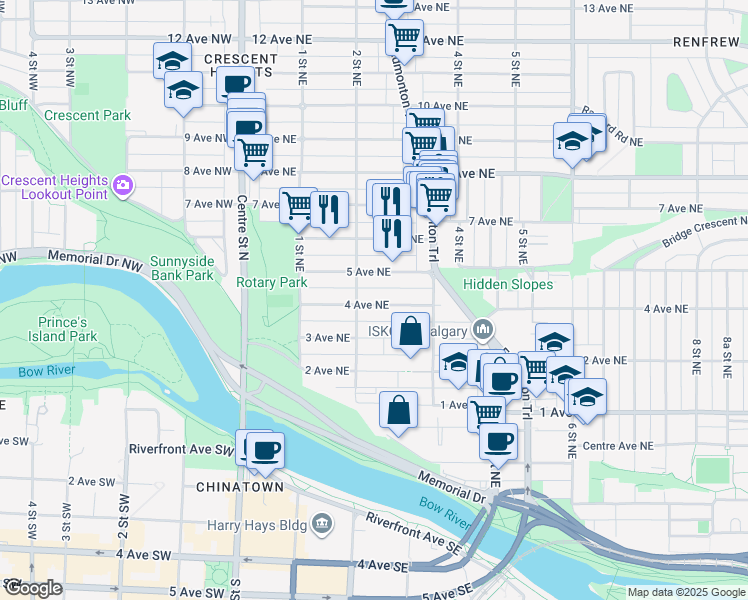 map of restaurants, bars, coffee shops, grocery stores, and more near 305 5 Avenue Northeast in Calgary