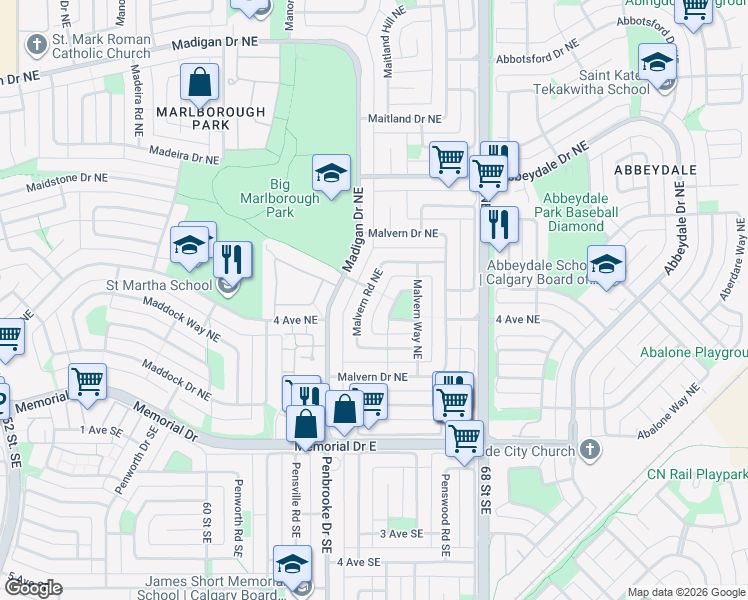 map of restaurants, bars, coffee shops, grocery stores, and more near 6753 Malvern Road Northeast in Calgary