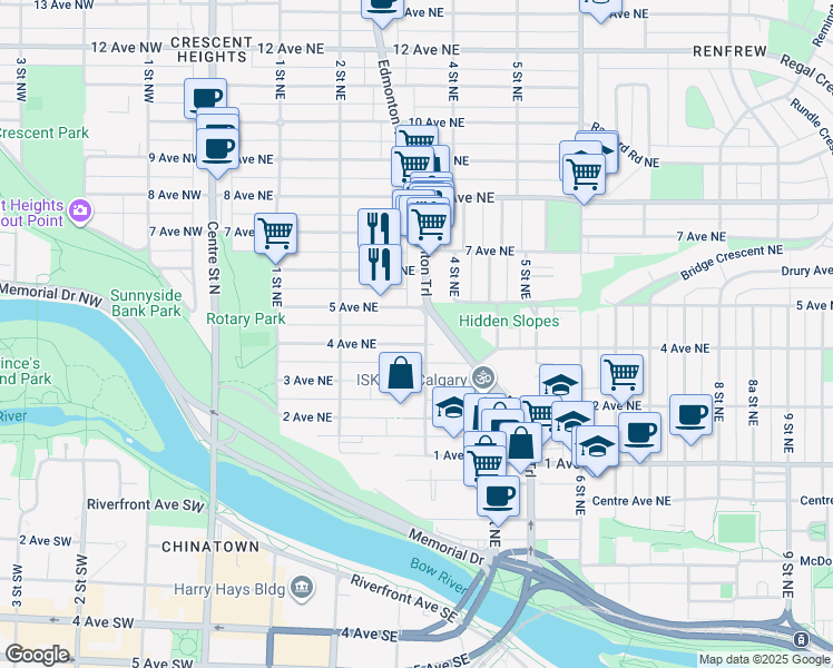 map of restaurants, bars, coffee shops, grocery stores, and more near in Calgary