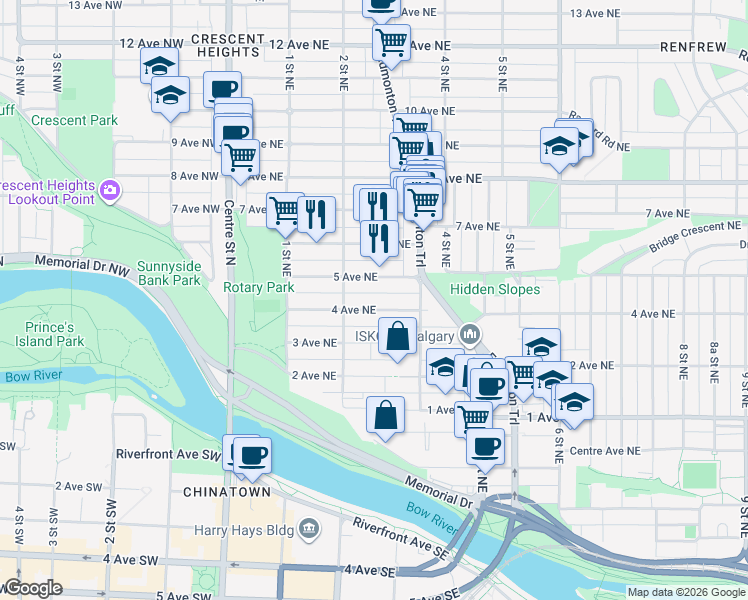 map of restaurants, bars, coffee shops, grocery stores, and more near 324 4 Avenue Northeast in Calgary