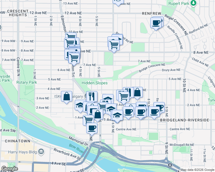 map of restaurants, bars, coffee shops, grocery stores, and more near 612 4 Avenue Northeast in Calgary