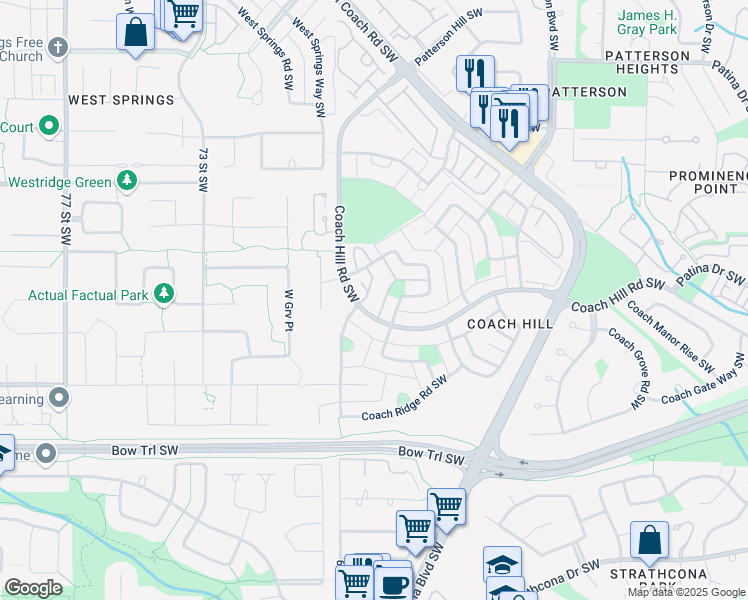 map of restaurants, bars, coffee shops, grocery stores, and more near 829 Coach Bluff Crescent Southwest in Calgary