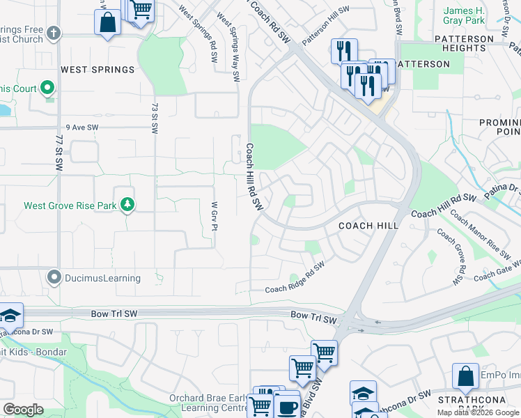 map of restaurants, bars, coffee shops, grocery stores, and more near 7172 Coach Hill Road Southwest in Calgary