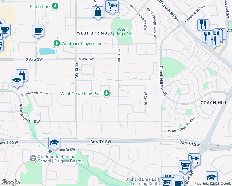 map of restaurants, bars, coffee shops, grocery stores, and more near 1031 73 Street Southwest in Calgary