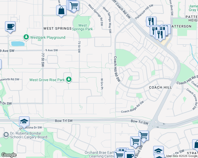map of restaurants, bars, coffee shops, grocery stores, and more near 109 West Grove Point Southwest in Calgary