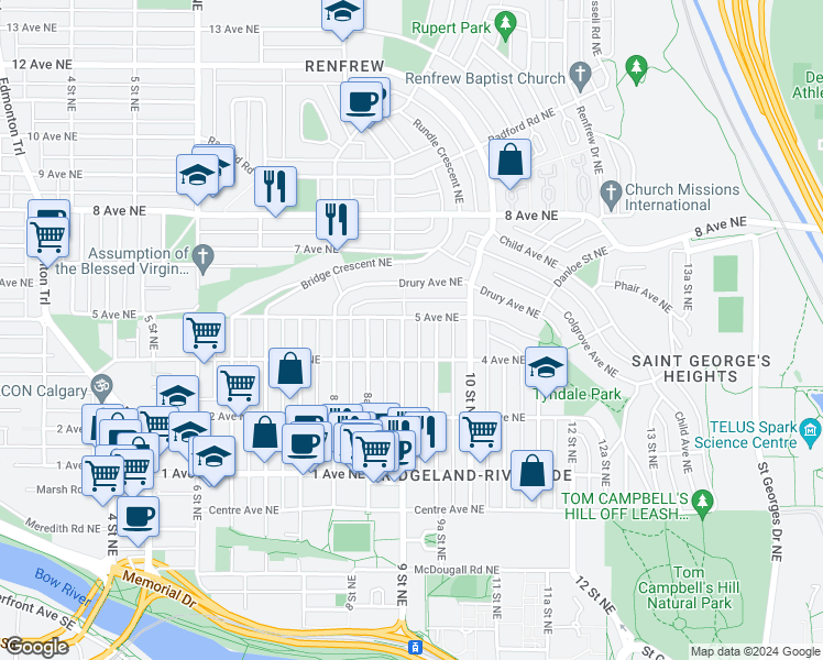 map of restaurants, bars, coffee shops, grocery stores, and more near in Calgary