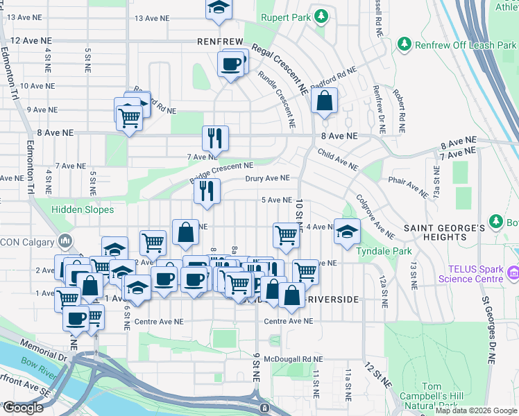 map of restaurants, bars, coffee shops, grocery stores, and more near in Calgary