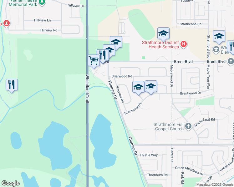 map of restaurants, bars, coffee shops, grocery stores, and more near 827 Bayview Road in Strathmore