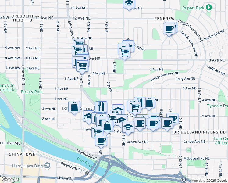 map of restaurants, bars, coffee shops, grocery stores, and more near 520 5 Street Northeast in Calgary
