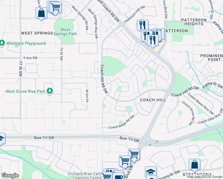 map of restaurants, bars, coffee shops, grocery stores, and more near 829 Coach Bluff Crescent Southwest in Calgary