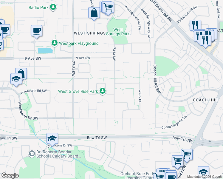 map of restaurants, bars, coffee shops, grocery stores, and more near 1031 73 Street Southwest in Calgary