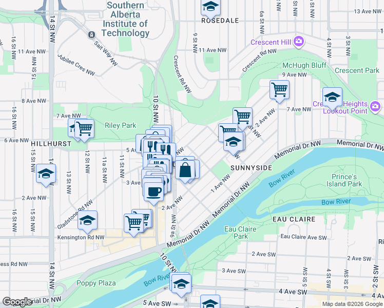 map of restaurants, bars, coffee shops, grocery stores, and more near 420 8 Street Northwest in Calgary