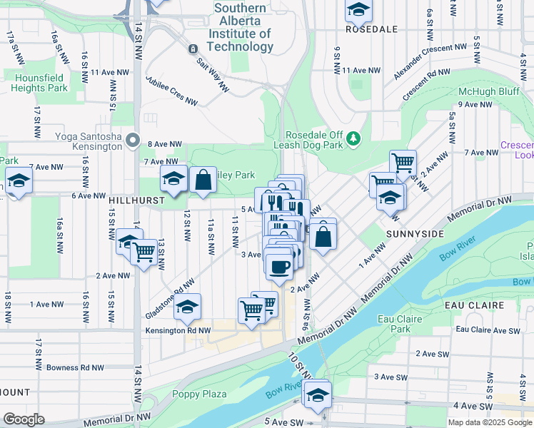 map of restaurants, bars, coffee shops, grocery stores, and more near 1113 5 Avenue Northwest in Calgary