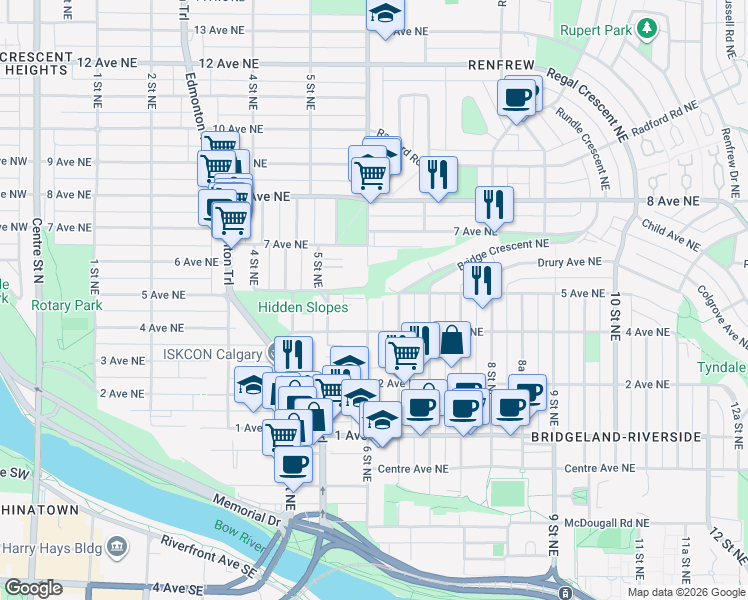 map of restaurants, bars, coffee shops, grocery stores, and more near 524 6 Street Northeast in Calgary