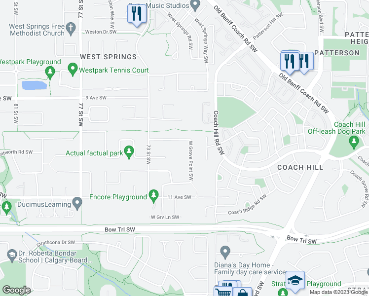 map of restaurants, bars, coffee shops, grocery stores, and more near 109 West Grove Point Southwest in Calgary