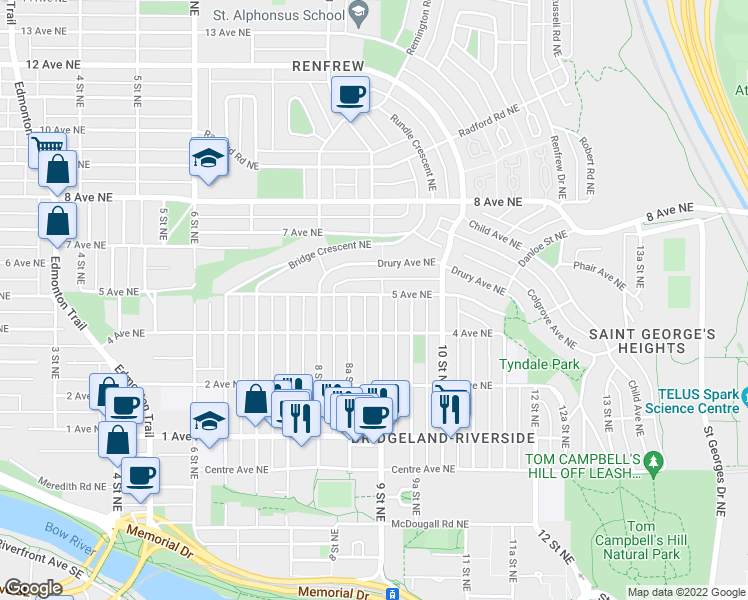 map of restaurants, bars, coffee shops, grocery stores, and more near 525 9 Street Northeast in Calgary