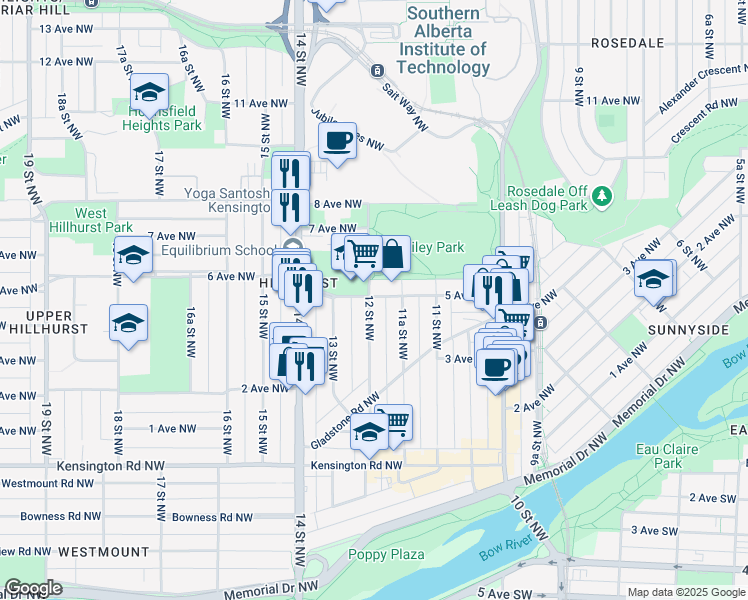map of restaurants, bars, coffee shops, grocery stores, and more near 1241 5 Avenue Northwest in Calgary