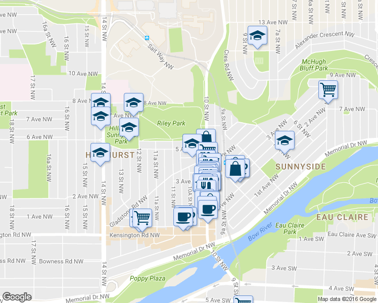 map of restaurants, bars, coffee shops, grocery stores, and more near 1113 5 Avenue Northwest in Calgary