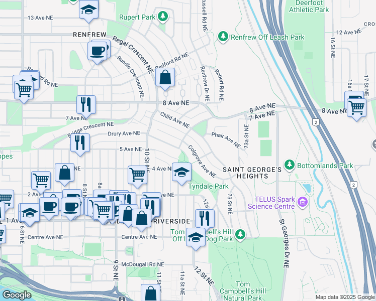 map of restaurants, bars, coffee shops, grocery stores, and more near 1211 Colgrove Avenue Northeast in Calgary