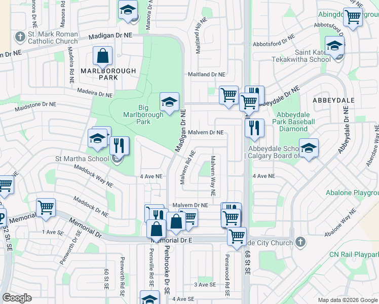map of restaurants, bars, coffee shops, grocery stores, and more near 6753 Malvern Road Northeast in Calgary