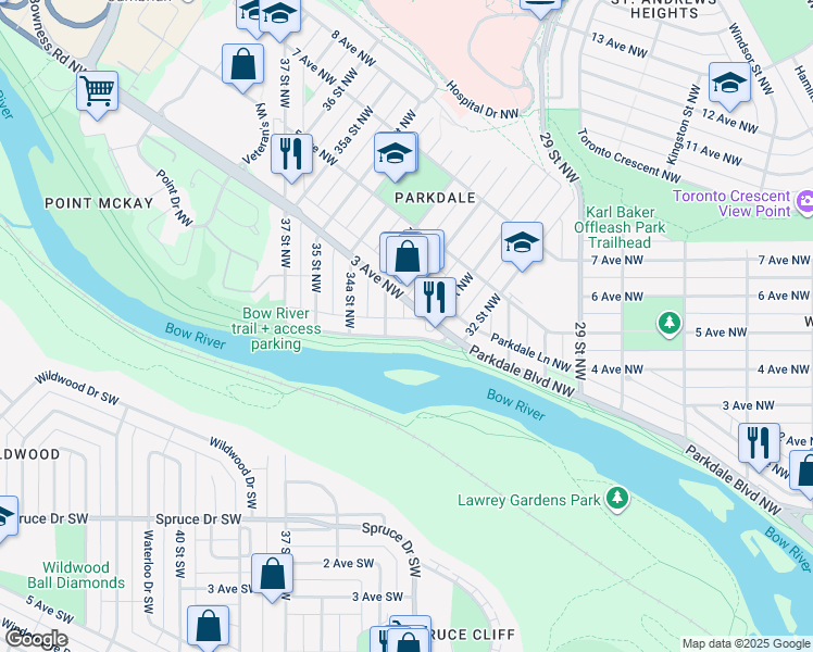 map of restaurants, bars, coffee shops, grocery stores, and more near 3412 Parkdale Boulevard Northwest in Calgary