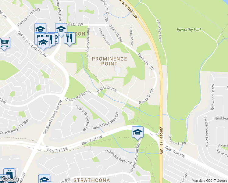 map of restaurants, bars, coffee shops, grocery stores, and more near 5462 Patina Drive Southwest in Calgary