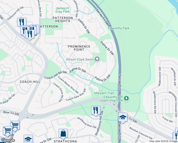 map of restaurants, bars, coffee shops, grocery stores, and more near 5505 Patina Drive Southwest in Calgary