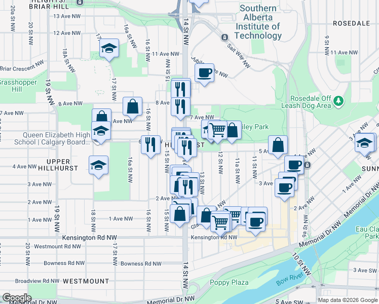 map of restaurants, bars, coffee shops, grocery stores, and more near in Calgary