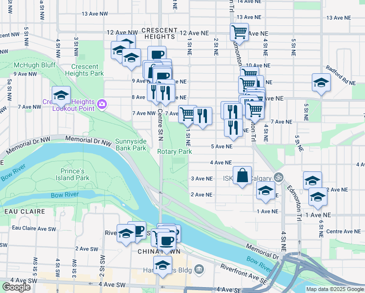 map of restaurants, bars, coffee shops, grocery stores, and more near 111 5 Ave NE in Calgary