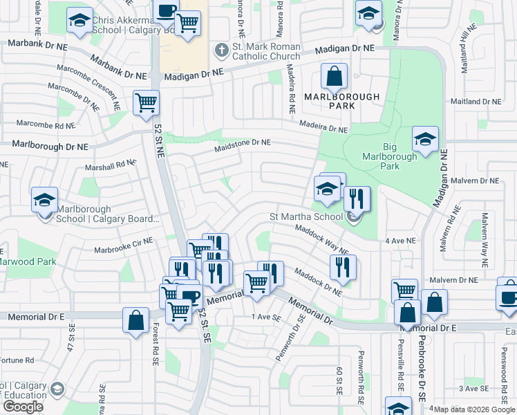 map of restaurants, bars, coffee shops, grocery stores, and more near 5563 4 Avenue Northeast in Calgary