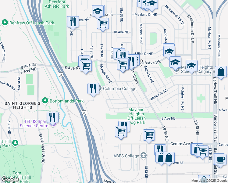 map of restaurants, bars, coffee shops, grocery stores, and more near 620 Mariposa Place Northeast in Calgary