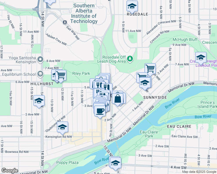 map of restaurants, bars, coffee shops, grocery stores, and more near 601 9A Street Northwest in Calgary