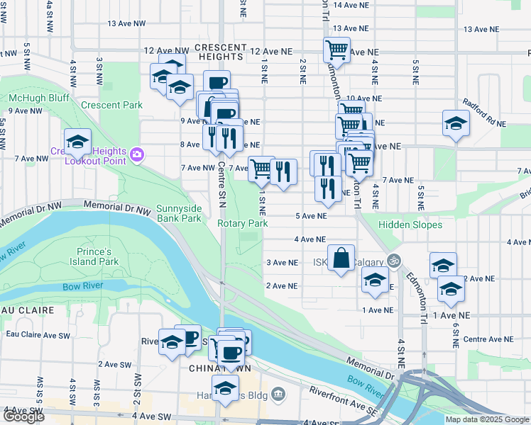 map of restaurants, bars, coffee shops, grocery stores, and more near 205 5 Avenue Northeast in Calgary