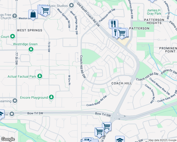 map of restaurants, bars, coffee shops, grocery stores, and more near 829 Coach Bluff Crescent Southwest in Calgary