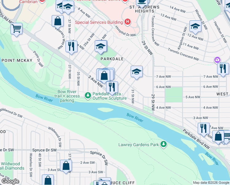 map of restaurants, bars, coffee shops, grocery stores, and more near 3320 3 Avenue Northwest in Calgary