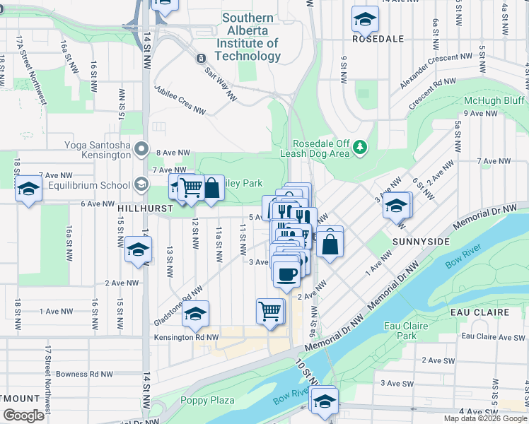 map of restaurants, bars, coffee shops, grocery stores, and more near 1124 5 Avenue Northwest in Calgary