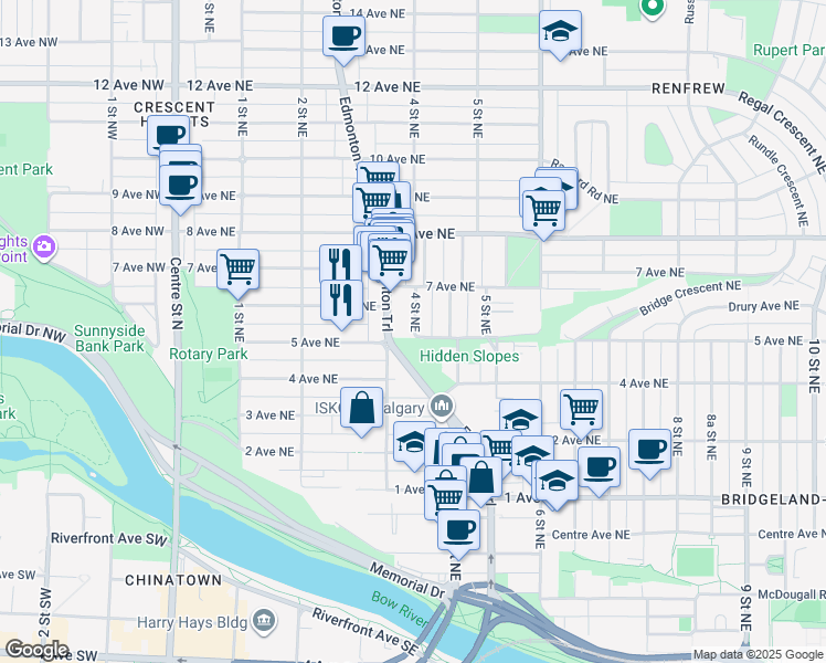 map of restaurants, bars, coffee shops, grocery stores, and more near 707 4 Street Northeast in Calgary