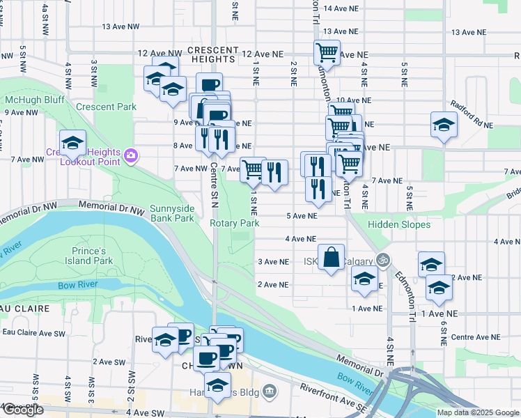 map of restaurants, bars, coffee shops, grocery stores, and more near 600 1 Street Northeast in Calgary