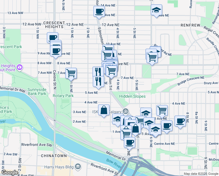 map of restaurants, bars, coffee shops, grocery stores, and more near in Calgary