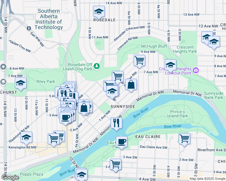 map of restaurants, bars, coffee shops, grocery stores, and more near in Calgary