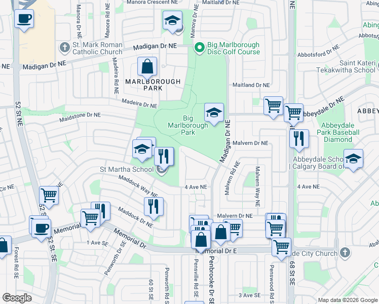 map of restaurants, bars, coffee shops, grocery stores, and more near 6100 4 Avenue Northeast in Calgary