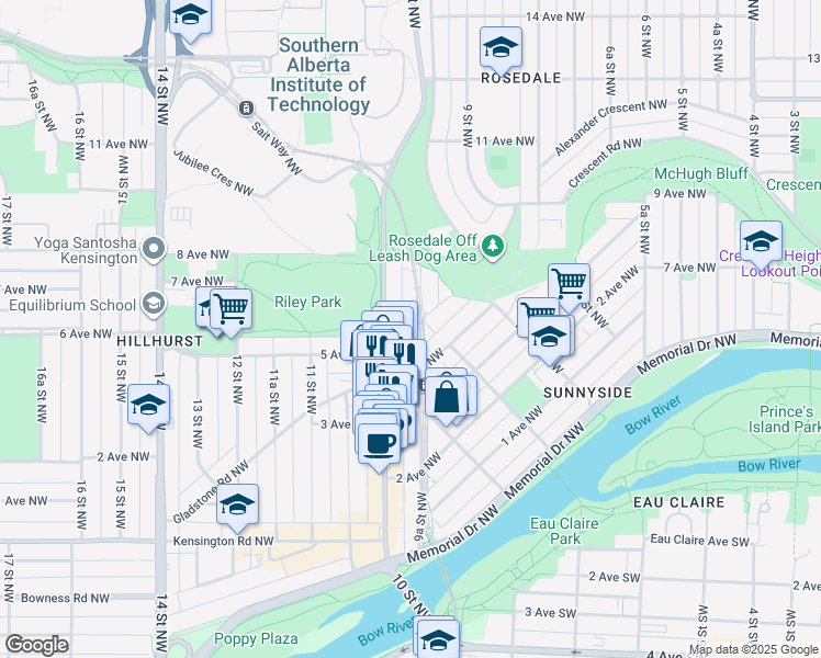 map of restaurants, bars, coffee shops, grocery stores, and more near 623 9A Street Northwest in Calgary