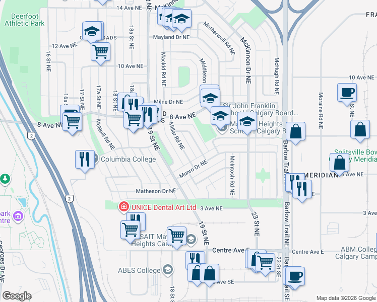 map of restaurants, bars, coffee shops, grocery stores, and more near 808 Millar Road Northeast in Calgary