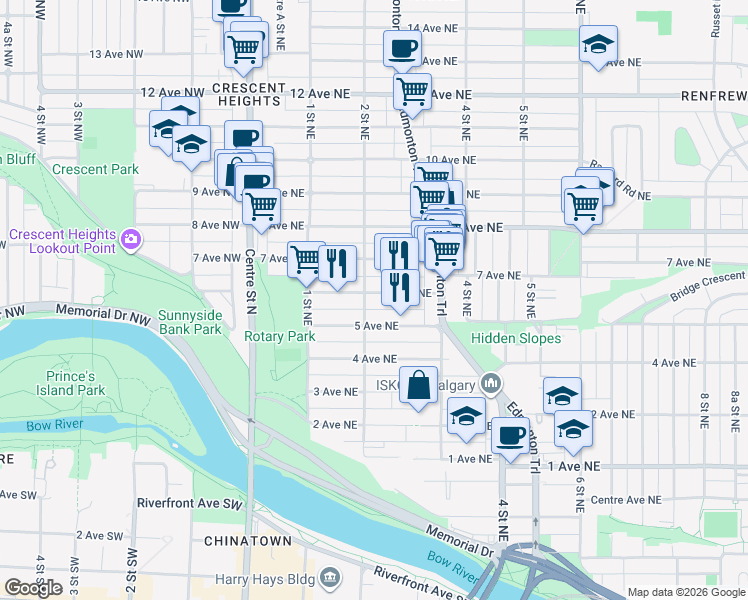 map of restaurants, bars, coffee shops, grocery stores, and more near 303 6 Avenue Northeast in Calgary