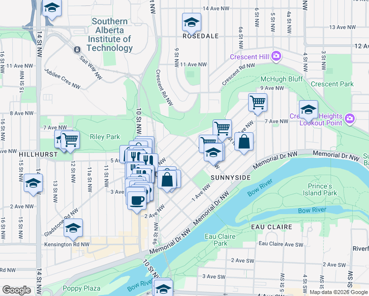 map of restaurants, bars, coffee shops, grocery stores, and more near 815 4 Avenue Northwest in Calgary