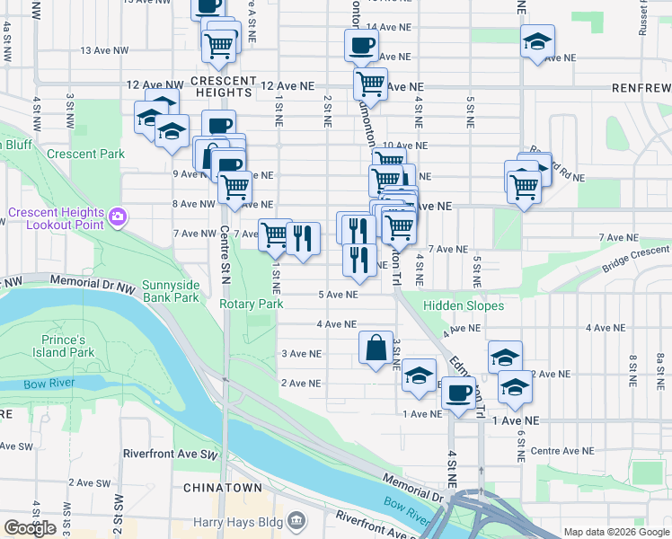 map of restaurants, bars, coffee shops, grocery stores, and more near 305 6 Avenue Northeast in Calgary